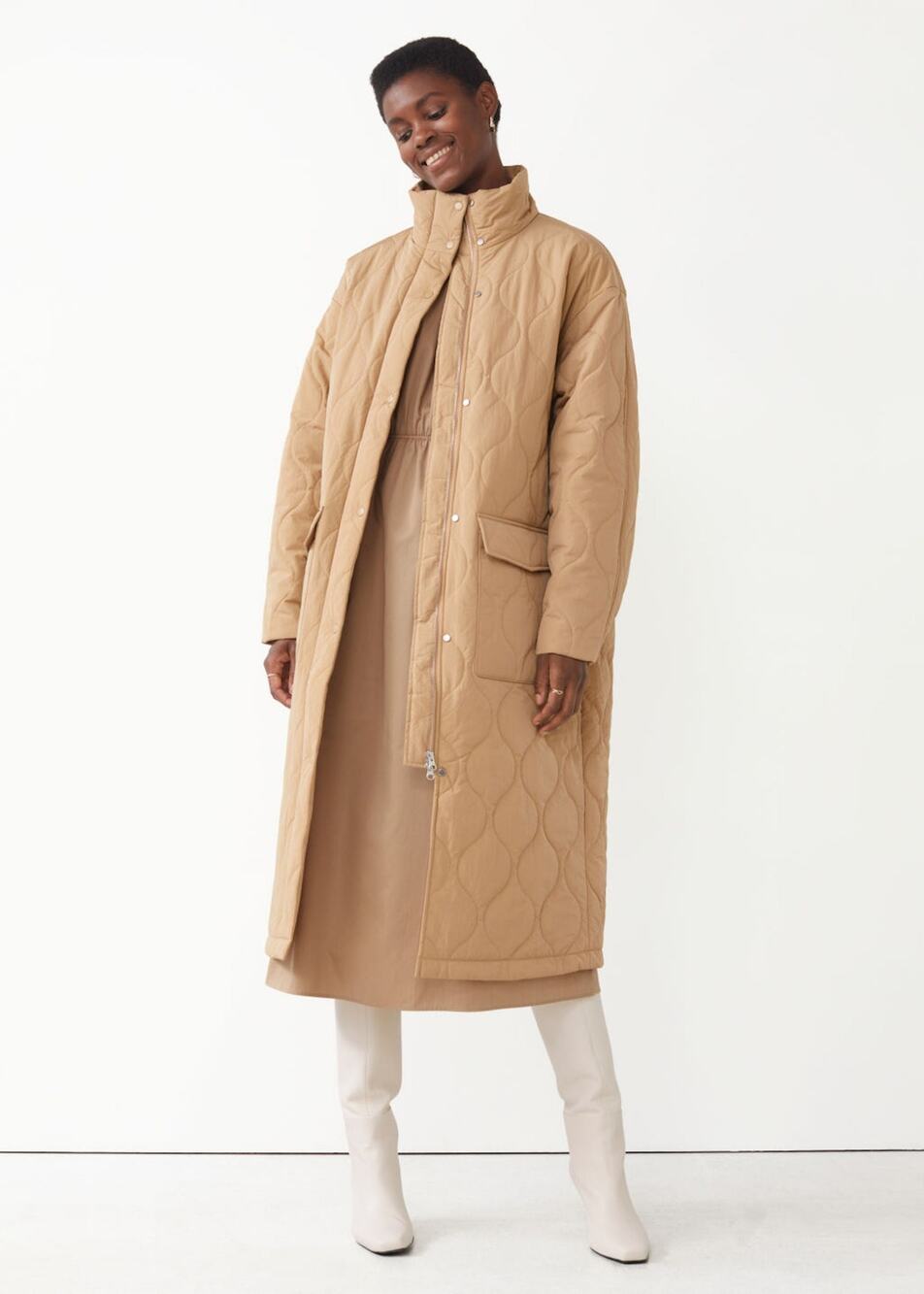 & Other Stories Women Tan Longline Oversized Puffer Quilted Coat Jacket Size XS